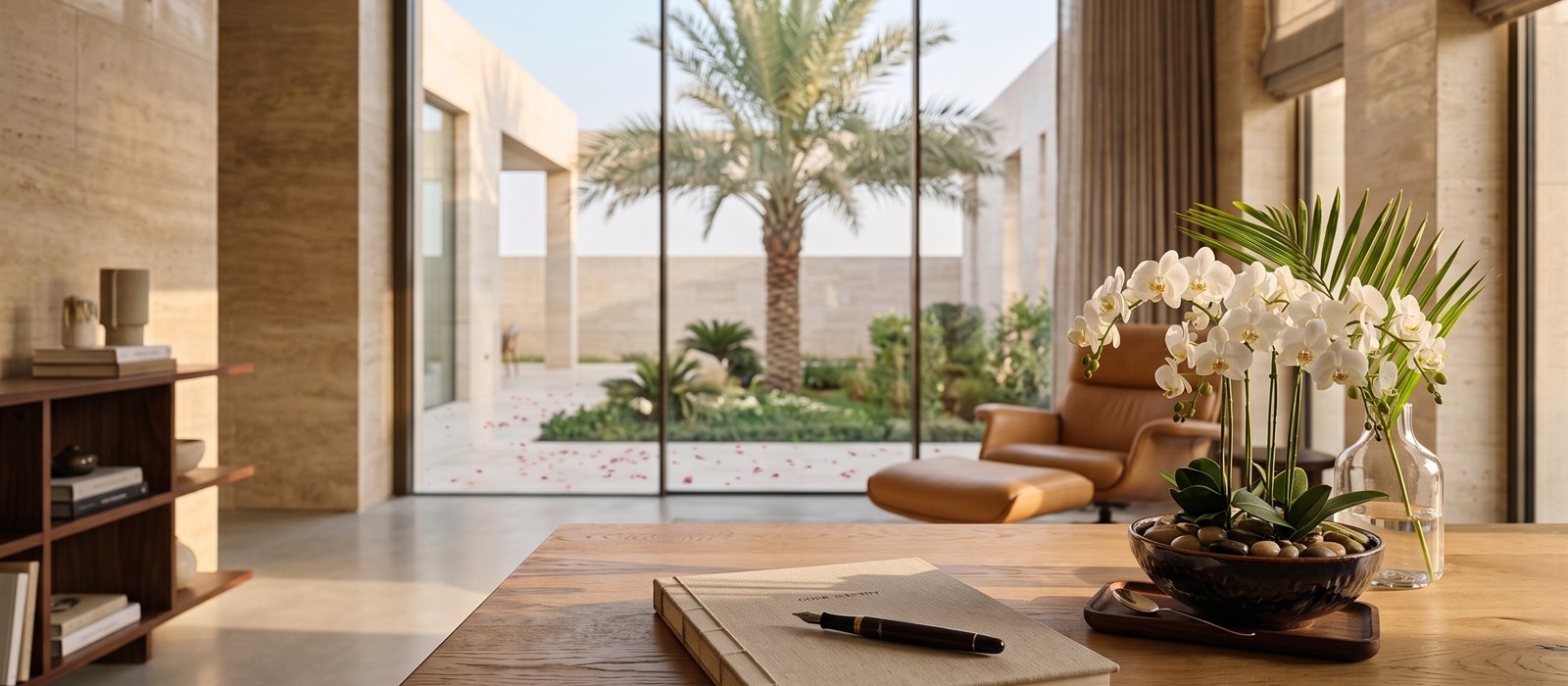 A calm travertine room looking out to a courtyard and date palm in morning light