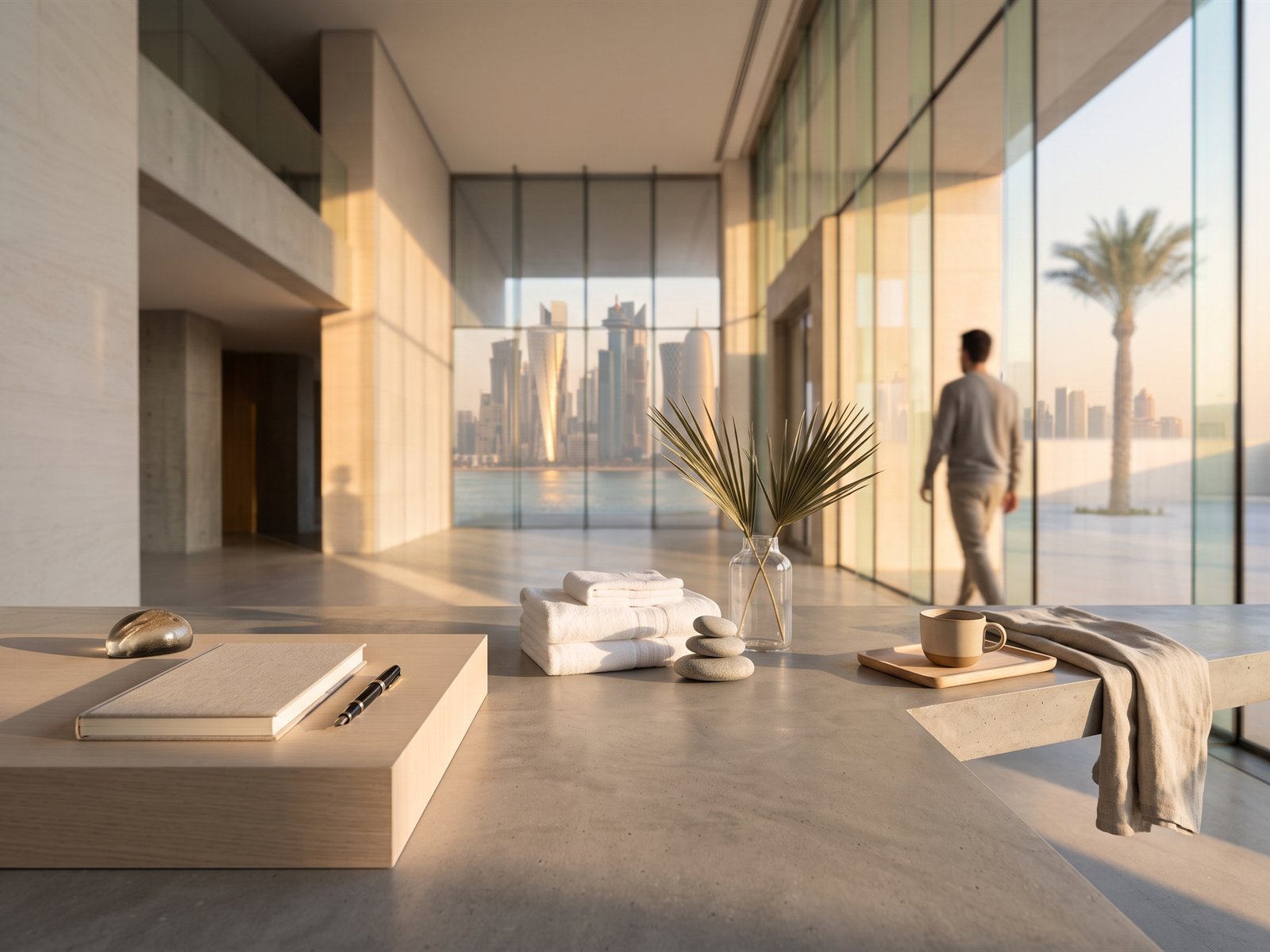 Folded towels and a coffee cup on a stone counter in morning light, the Doha skyline beyond
